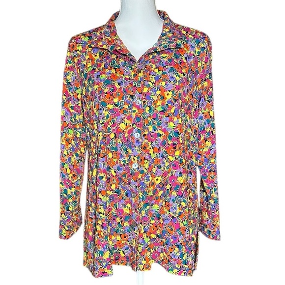 JOHN MARK Multicolor Embroidered Eyelet Tunic Top Wire Collar Roll-Tab Sleeve M - Picture 2 of 12